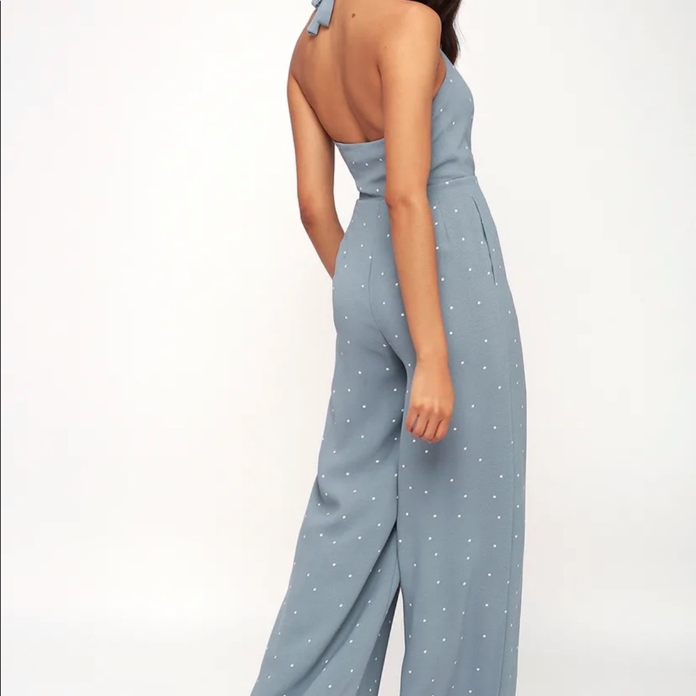 Lulus Ravina Slate Blue Polka Dot Halter Wide-Leg Jumpsuit